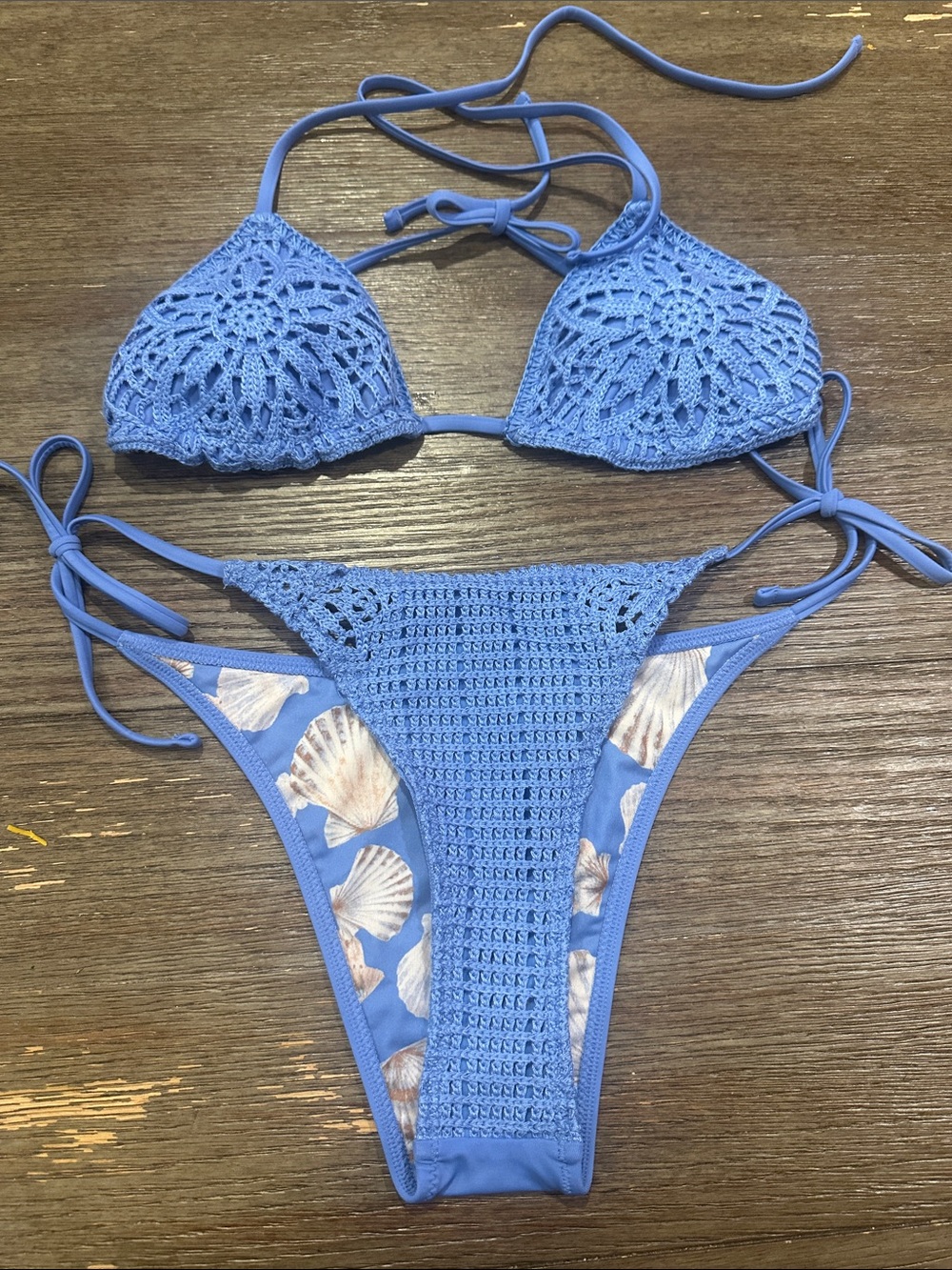 aerie Blue Crochet Triangle Bikini with Shell-Print Lining